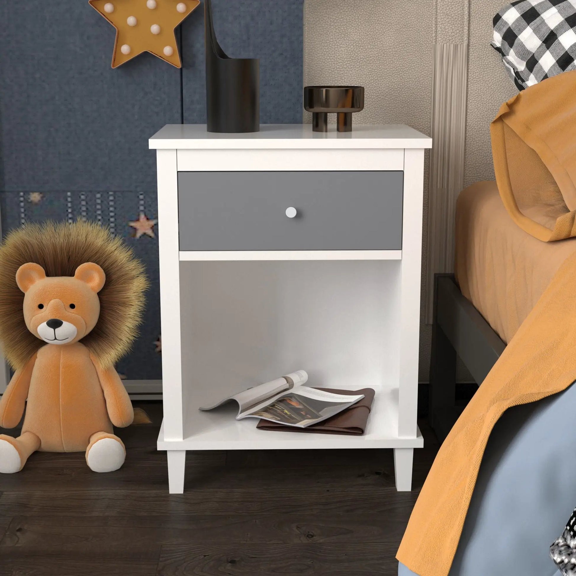 Nightstand with 1 Drawer 1 Shelf white frame gray front black vase on top in bedroom scene on Tampa Home & Garden Store