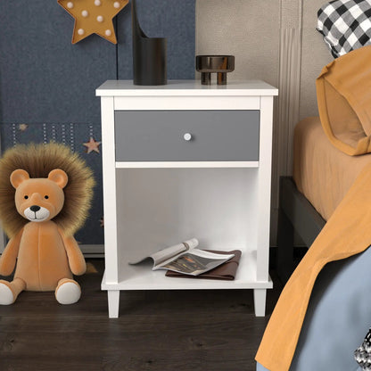 Nightstand with 1 Drawer 1 Shelf white frame gray front black vase on top in bedroom scene on Tampa Home & Garden Store