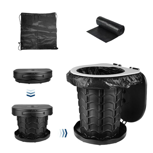 GemGear black retractable portable toilet with collapsible body and adjustable height lid on Tampa Home & Garden Store