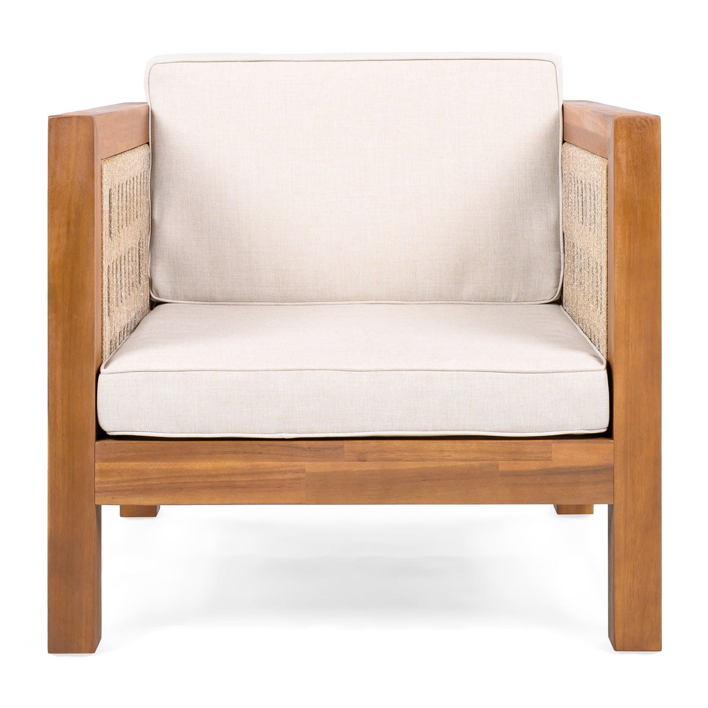 Outdoor Club Chair with rope-arm sides and beige cushions, HouseOfZazla on Tampa Home & Garden Store