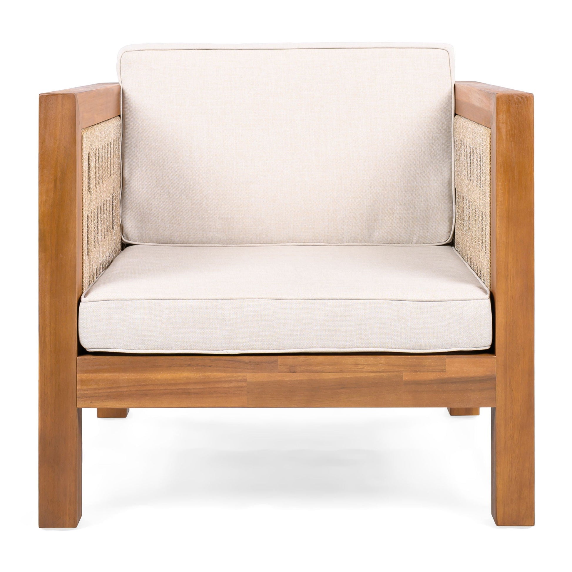 Outdoor Club Chair with rope-arm sides and beige cushions, HouseOfZazla on Tampa Home & Garden Store