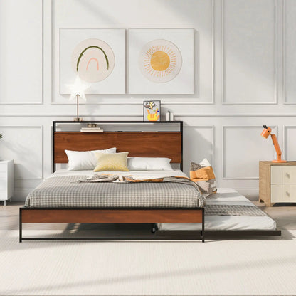 Platform Bed Frame With Trundle and USB Ports