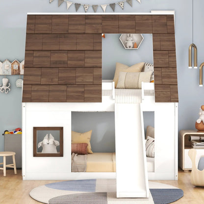 Wood twin bunk bed with roof and slide in white/brown finish by Unique Piece Furniture on Tampa Home & Garden Store