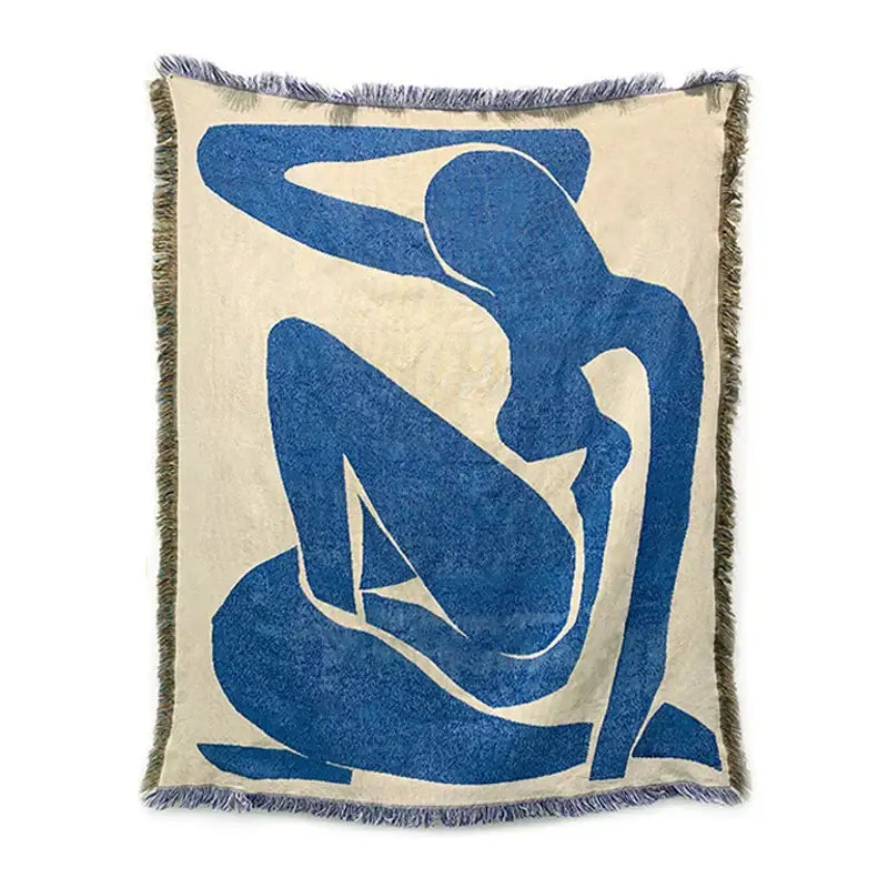 Blue geometric knitted throw blanket by Decorbites with fringe edges on Tampa Home & Garden Store