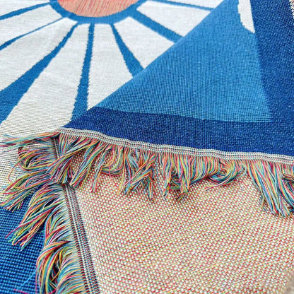 Blue geometric knitted throw blanket with multicolor fringe by Decorbites on Tampa Home & Garden Store