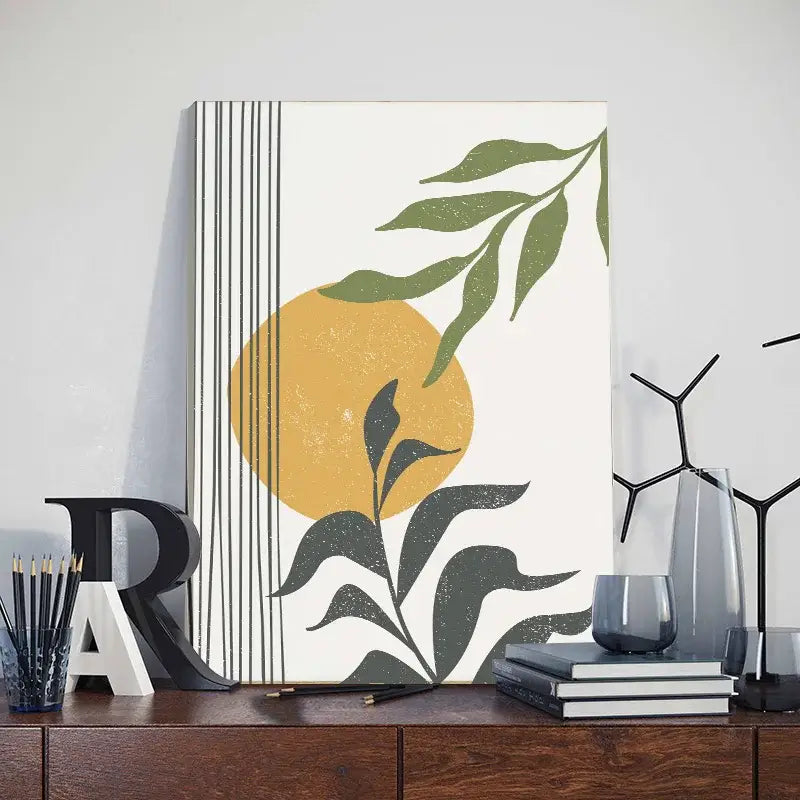 Posters: modern abstract orange leaf wall art with green foliage and sun circle on white on Tampa Home & Garden Store