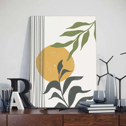Posters: modern abstract orange leaf wall art with green foliage and sun circle on white on Tampa Home & Garden Store