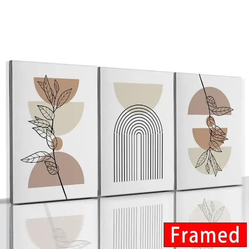 Modern abstract orange leaf posters set, framed 3-panel prints with beige by Decorbites on Tampa Home & Garden Store