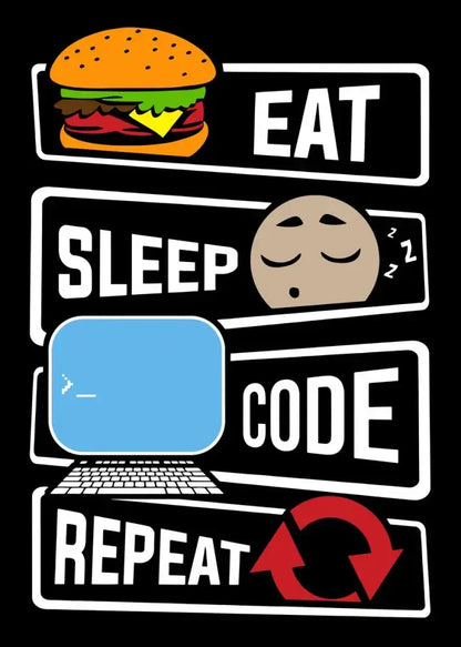 Poster: Decorbites abstract gamer with EAT SLEEP CODE REPEAT on black background on Tampa Home & Garden Store