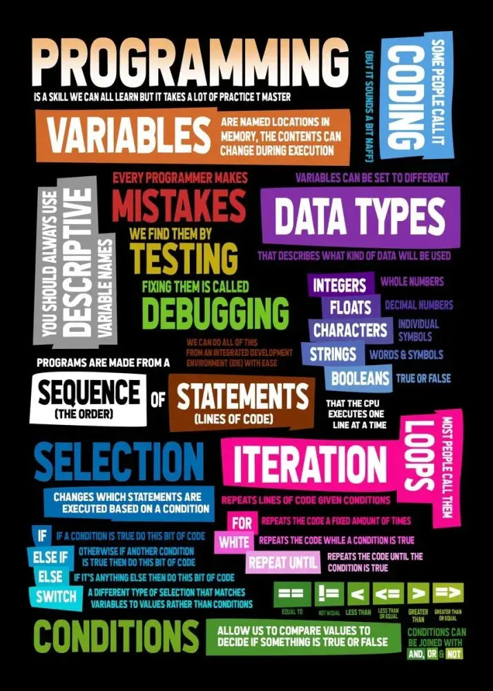 Poster by Decorbites abstract programmer infographic for bedroom with colorful coding terms on Tampa Home & Garden Store