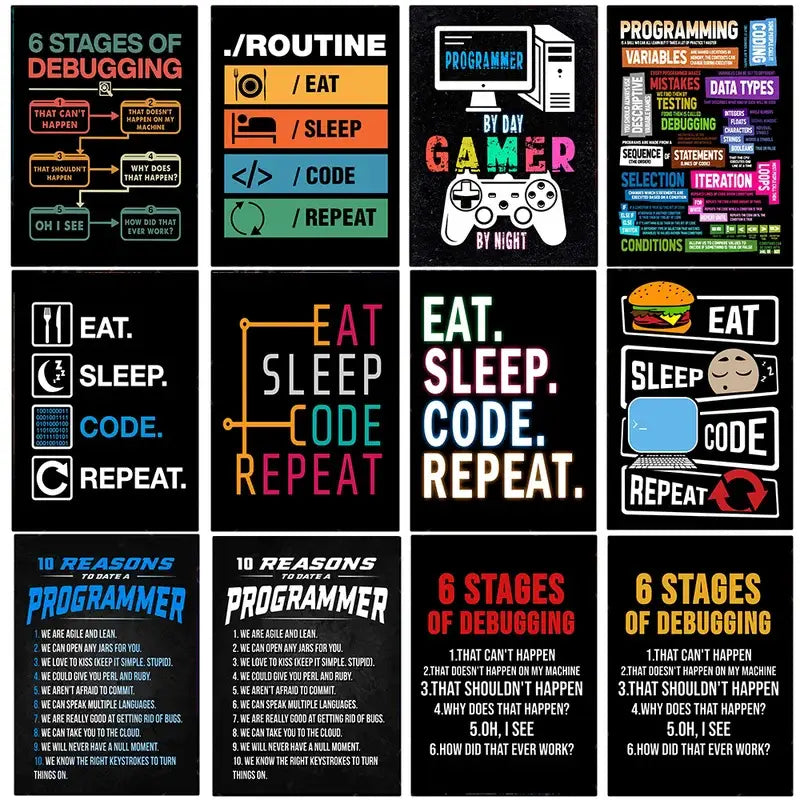 Poster set Decorbites: 16 posters about debugging, coding, gaming and tech for a bedroom on Tampa Home & Garden Store