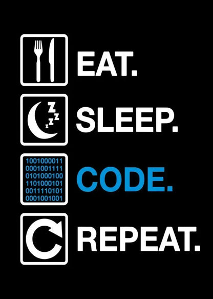 Poster black background with white icons and blue CODE text Eat Sleep Code Repeat 4-icon design on Tampa Home & Garden Store