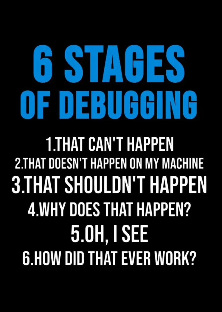 Poster Abstract programmer gamer infographic with blue 6 STAGES OF DEBUGGING on black background on Tampa Home & Garden Store
