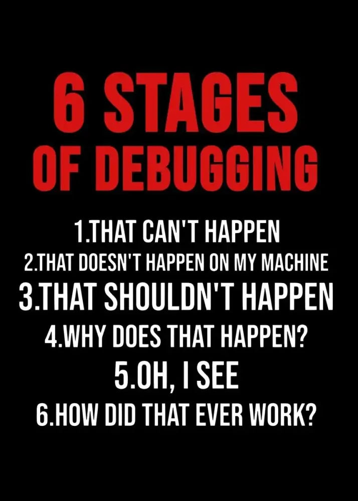 Poster Decorbites black background red 6 STAGES OF DEBUGGING with white text for bedroom on Tampa Home & Garden Store