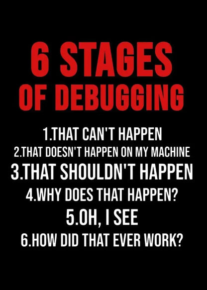 Poster Decorbites black background red 6 STAGES OF DEBUGGING with white text for bedroom on Tampa Home & Garden Store