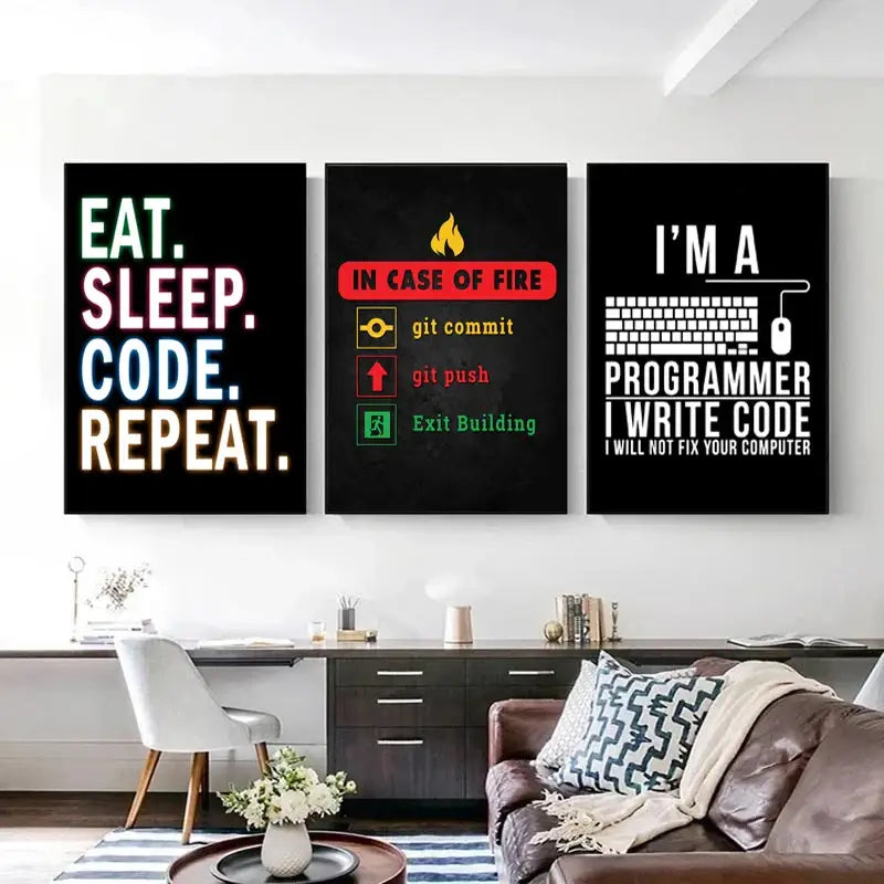 Posters by Decorbites: three black wall prints with Eat Sleep Code Repeat for a programmer bedroom on Tampa Home & Garden Store