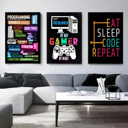 3pc poster set Decorbites: abstract programmer gamer infographic canvases neon colors bedroom on Tampa Home & Garden Store