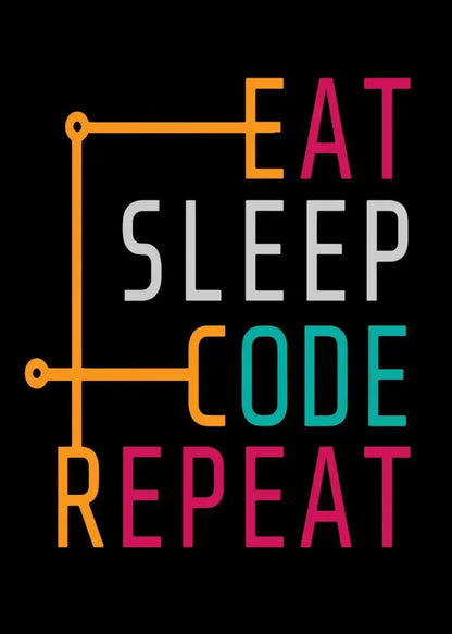 Poster Decorbites Eat Sleep Code Repeat with orange circuit lines and colorful letters on black on Tampa Home & Garden Store