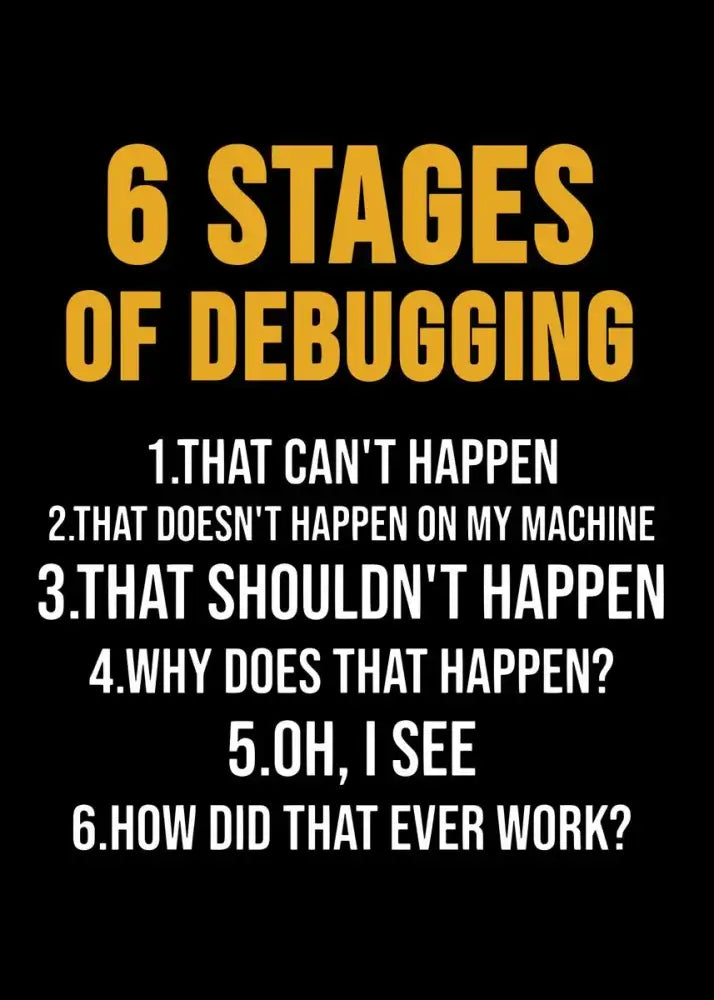 Decorbites poster programmer infographic canvas art orange 6 STAGES OF DEBUGGING black background on Tampa Home & Garden Store