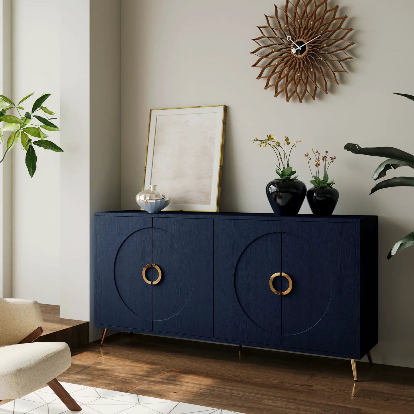 Modern lacquered 4-door sideboard in dark blue with circular door panels and gold ring handles on Tampa Home & Garden Store