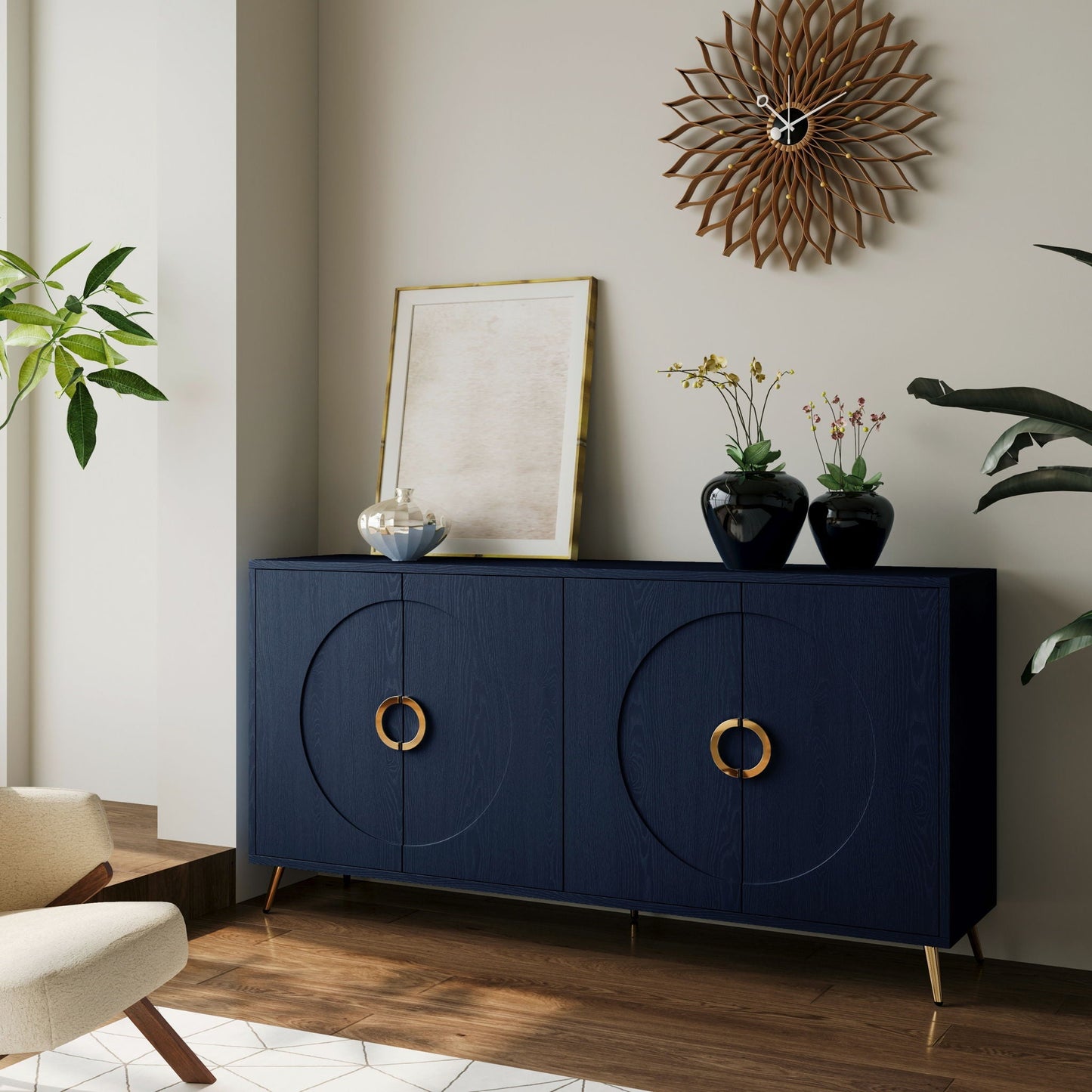 Modern lacquered navy 4-door sideboard with gold ring handles and top framed artwork on Tampa Home & Garden Store