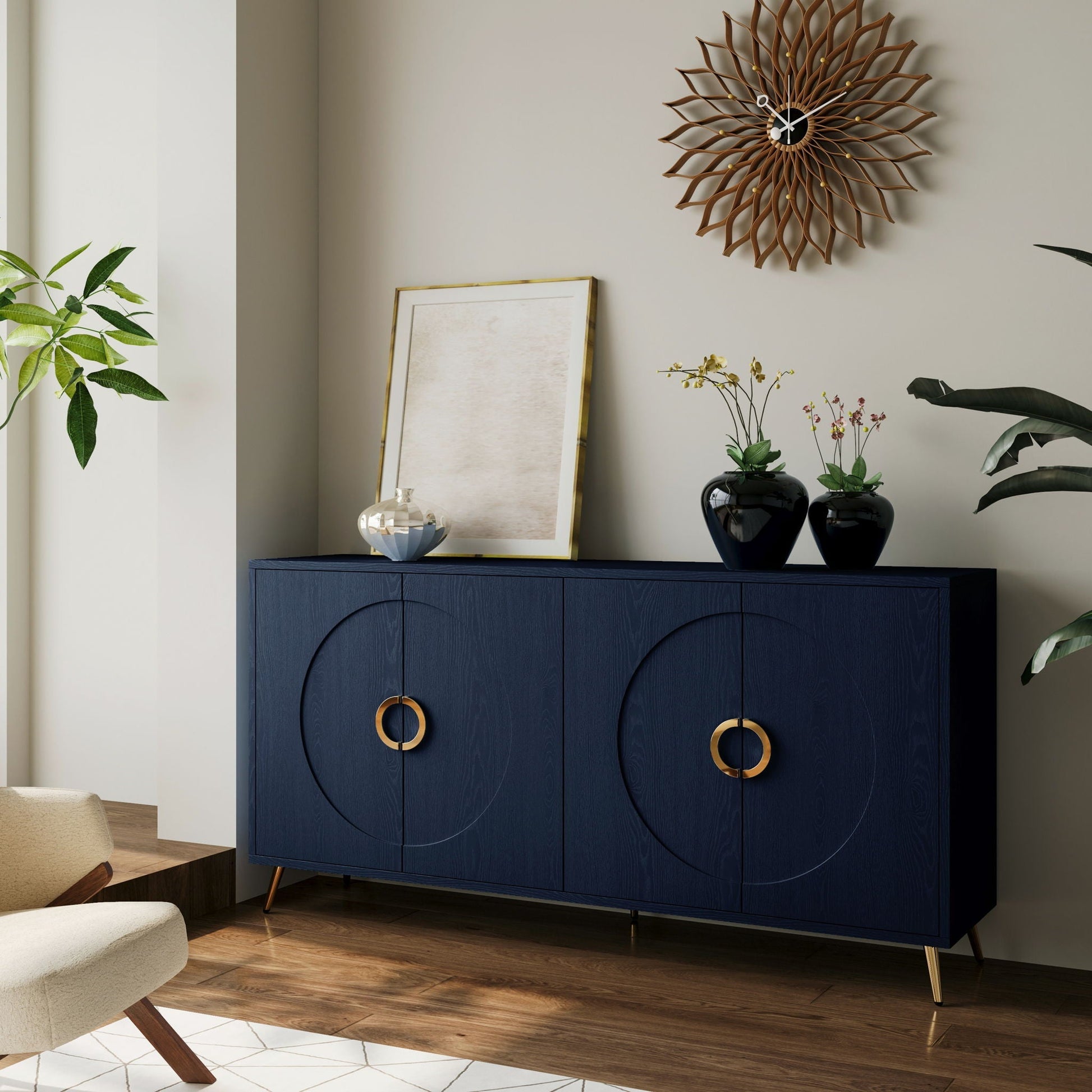 Modern lacquered navy 4-door sideboard with gold ring handles and top framed artwork on Tampa Home & Garden Store