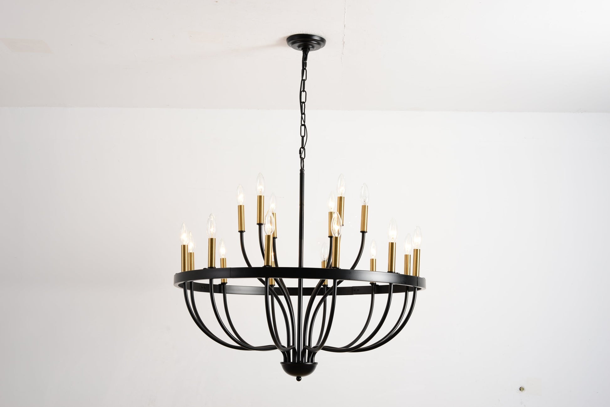 15-Light Industrial Iron Candle Chandelier with black frame and gold candle sleeves, chain hung on Tampa Home & Garden Store
