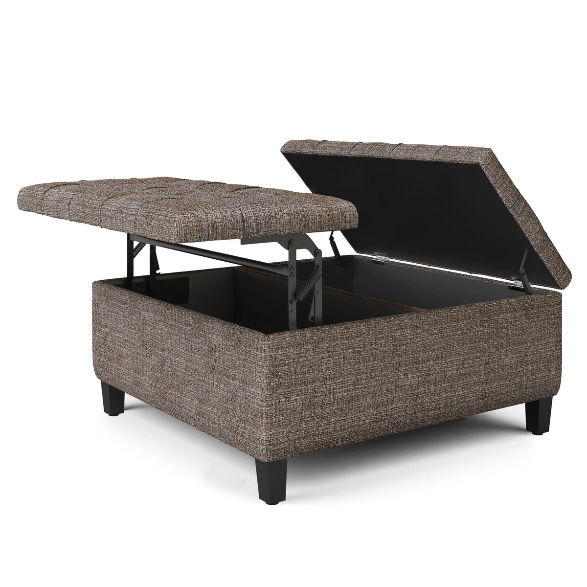 Harrison Tufted Lift Top Storage Ottoman brown fabric with black interior metal frame on Tampa Home & Garden Store