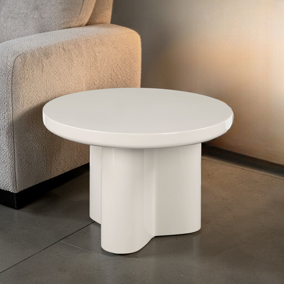 Light gray Joane end table with high gloss round top and ribbed pedestal by HouseOfZazla on Tampa Home & Garden Store