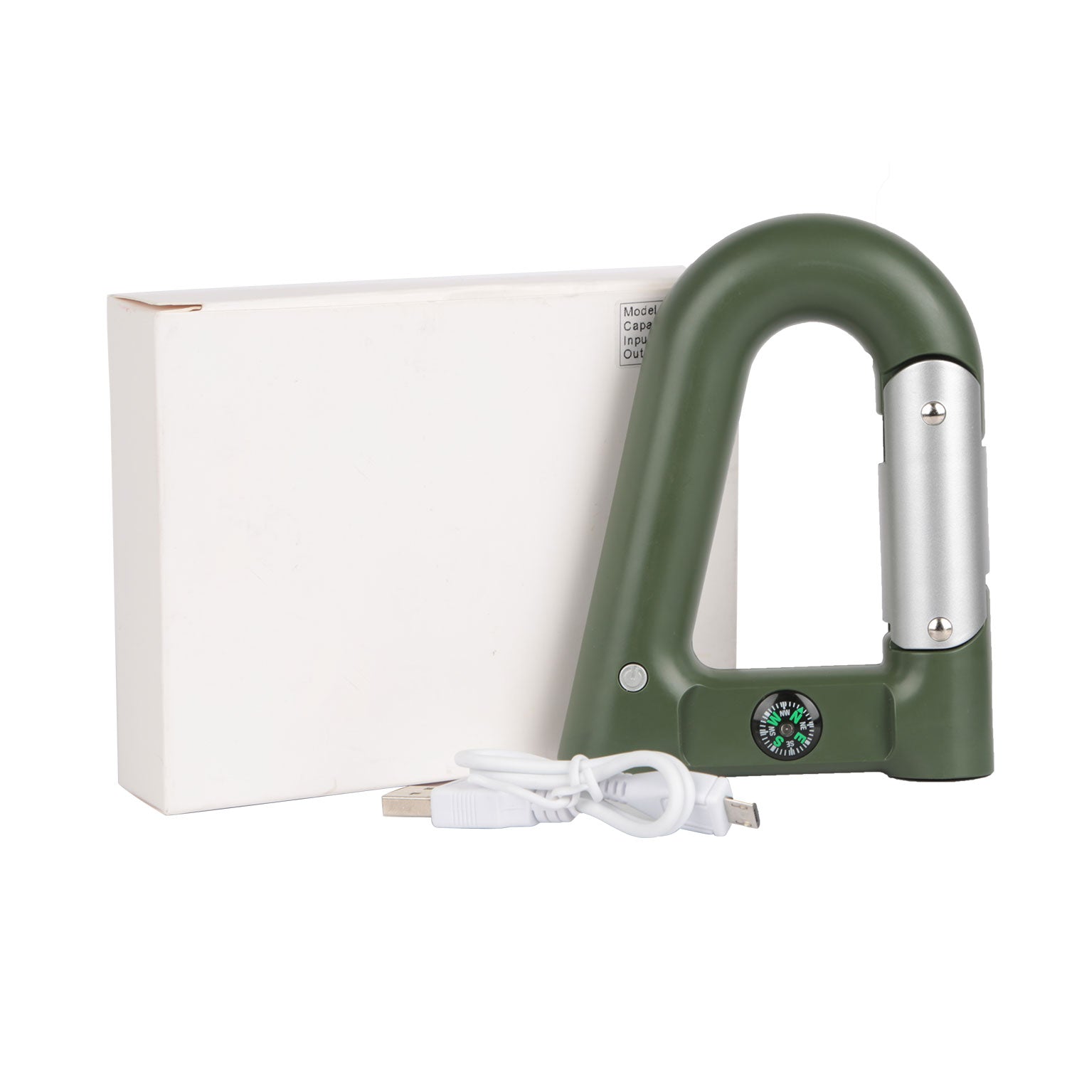 GemGear 2200mAh carabiner power bank with compass, green handle, USB charging cable on Tampa Home & Garden Store