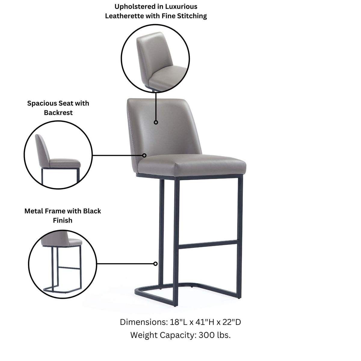 Serena Barstool in gray leatherette with black metal frame, bar height 28-30, HouseOfZazla on Tampa Home & Garden Store