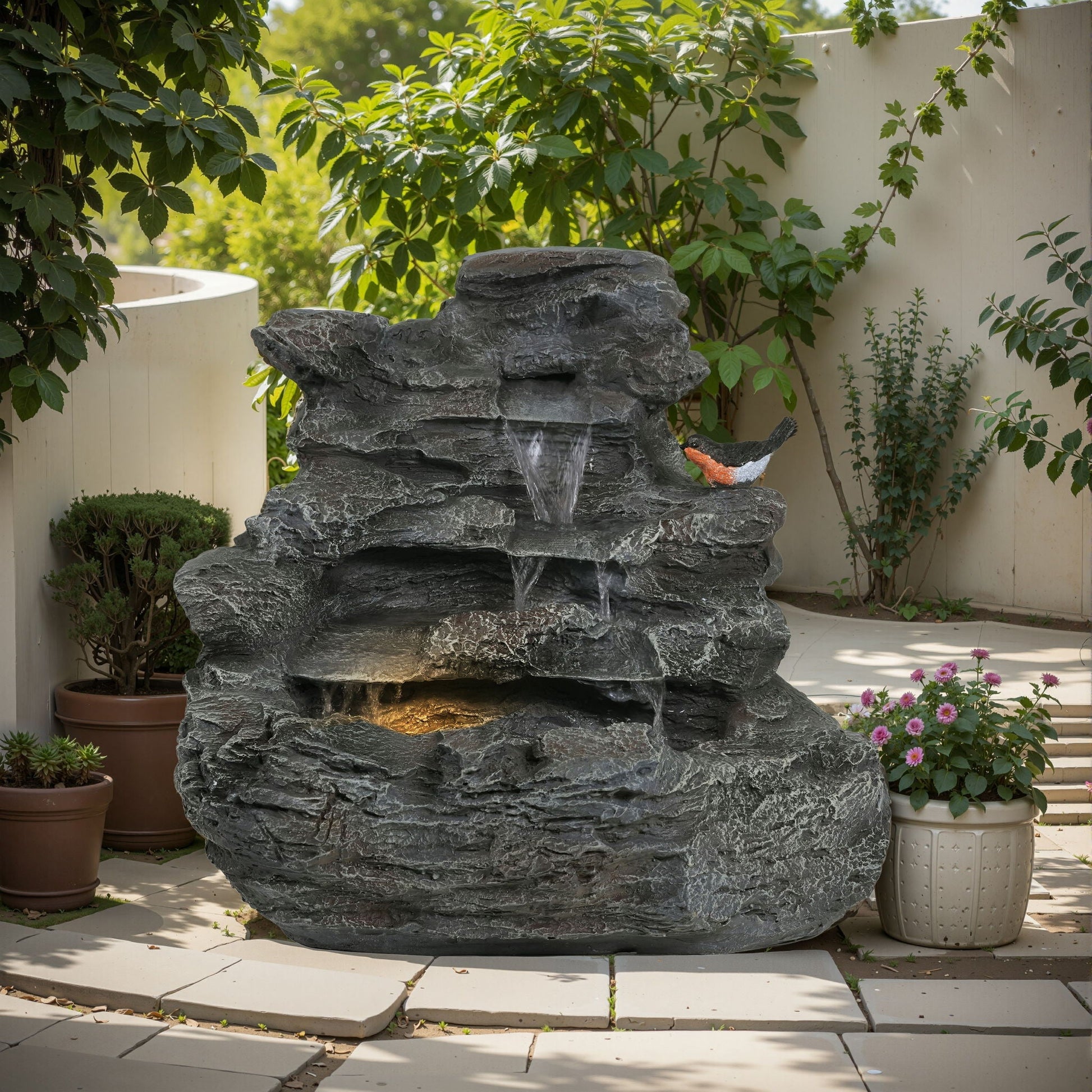 Concrete rock waterfall fountain with LED lights, outdoor decor by HouseOfZazla on Tampa Home & Garden Store