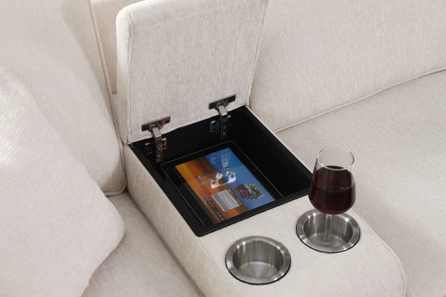 Ted sectional sofa with ottoman beige fabric storage console and cup holders 2-piece set on Tampa Home & Garden Store