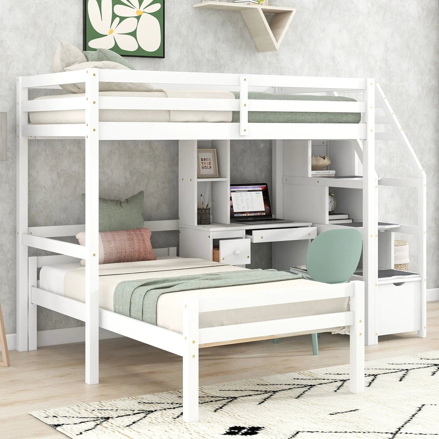 Loft Bed Standalone Bed with Storage Staircase