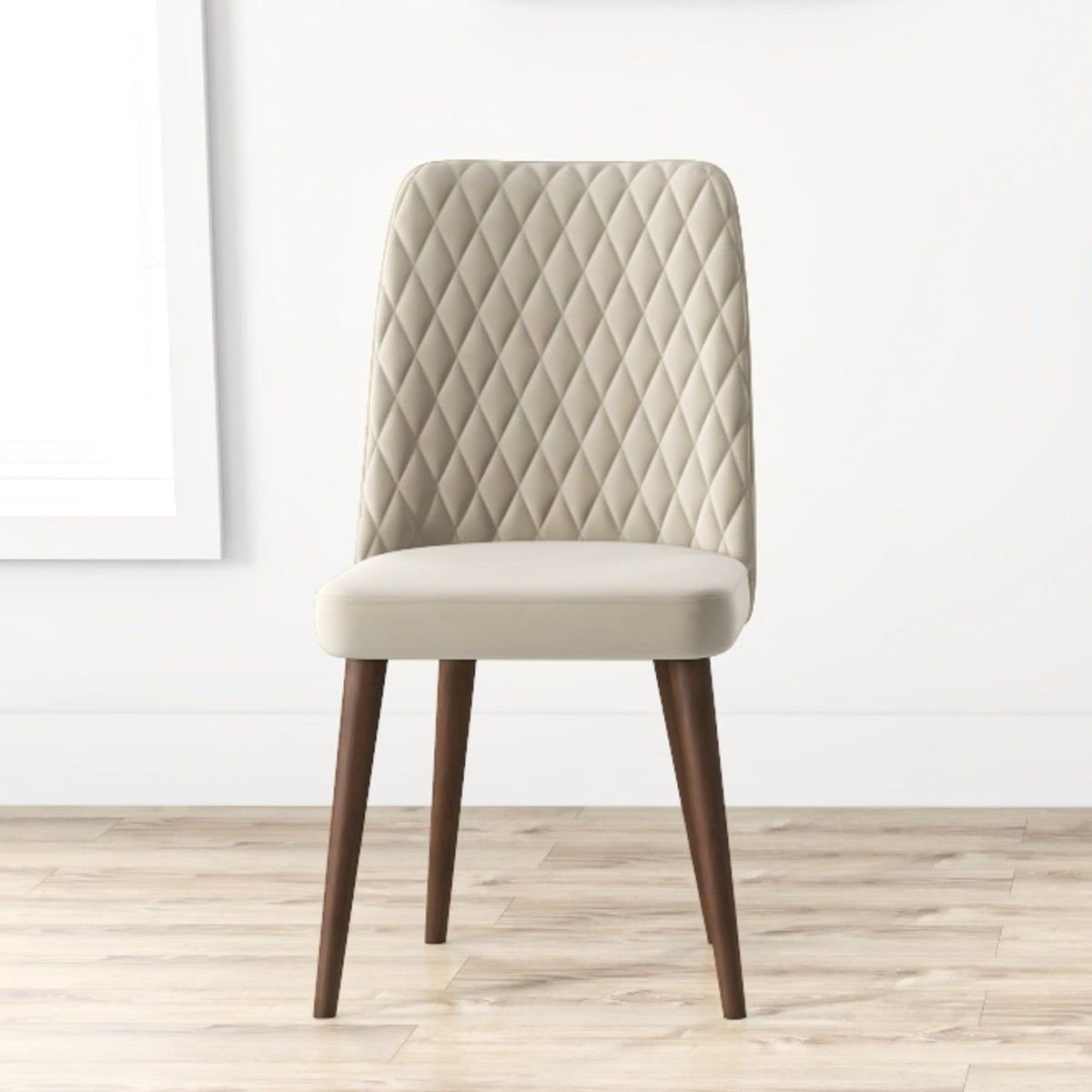 Mid-Century Modern dining chair with beige quilted back and upholstered seat, wooden legs on Tampa Home & Garden Store