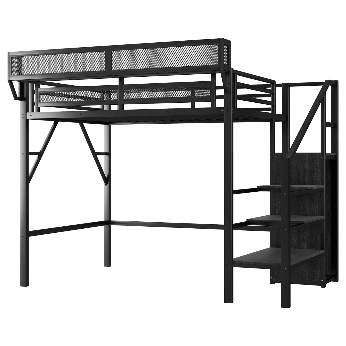 Twin size loft bed with stairs in black metal, mesh panels, storage shelves on Tampa Home & Garden Store