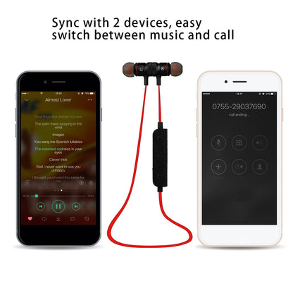 GemGear wireless in-ear neckband headphones with red cable, shown with 2 smartphones on Tampa Home & Garden Store