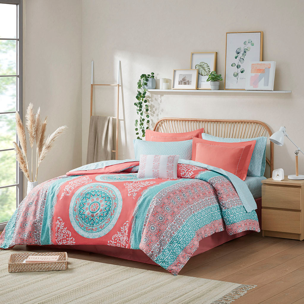 Twin Boho Coral Medallion Comforter And Sheets