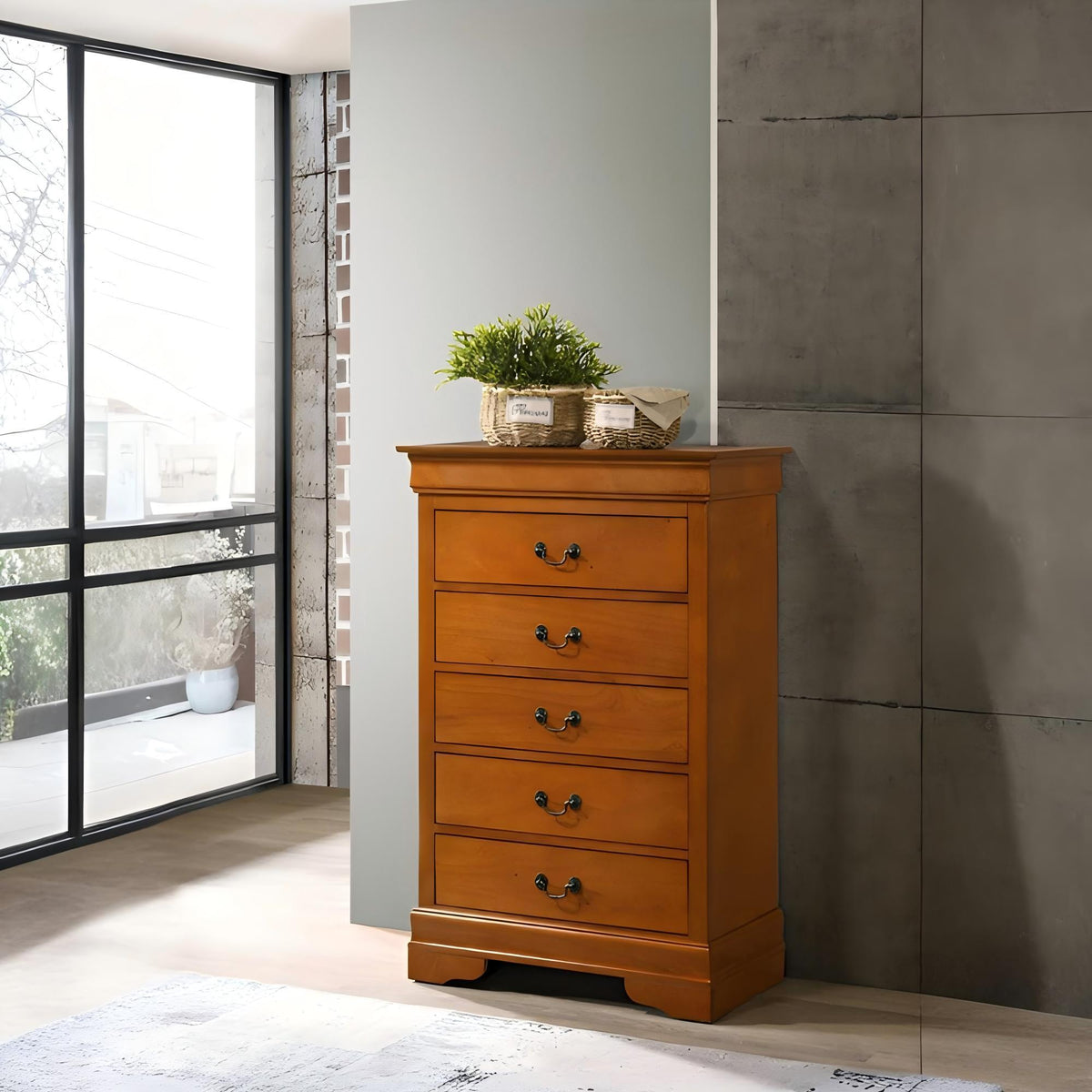 Louis Phillipe Accent Chest HouseOfZazla in honey oak finish with classic brass hardware on Tampa Home & Garden Store