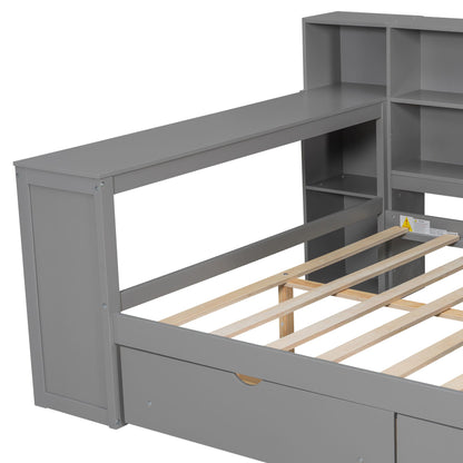 Platform bed frame with built-in desk, gray finish, storage shelves on right side on Tampa Home & Garden Store