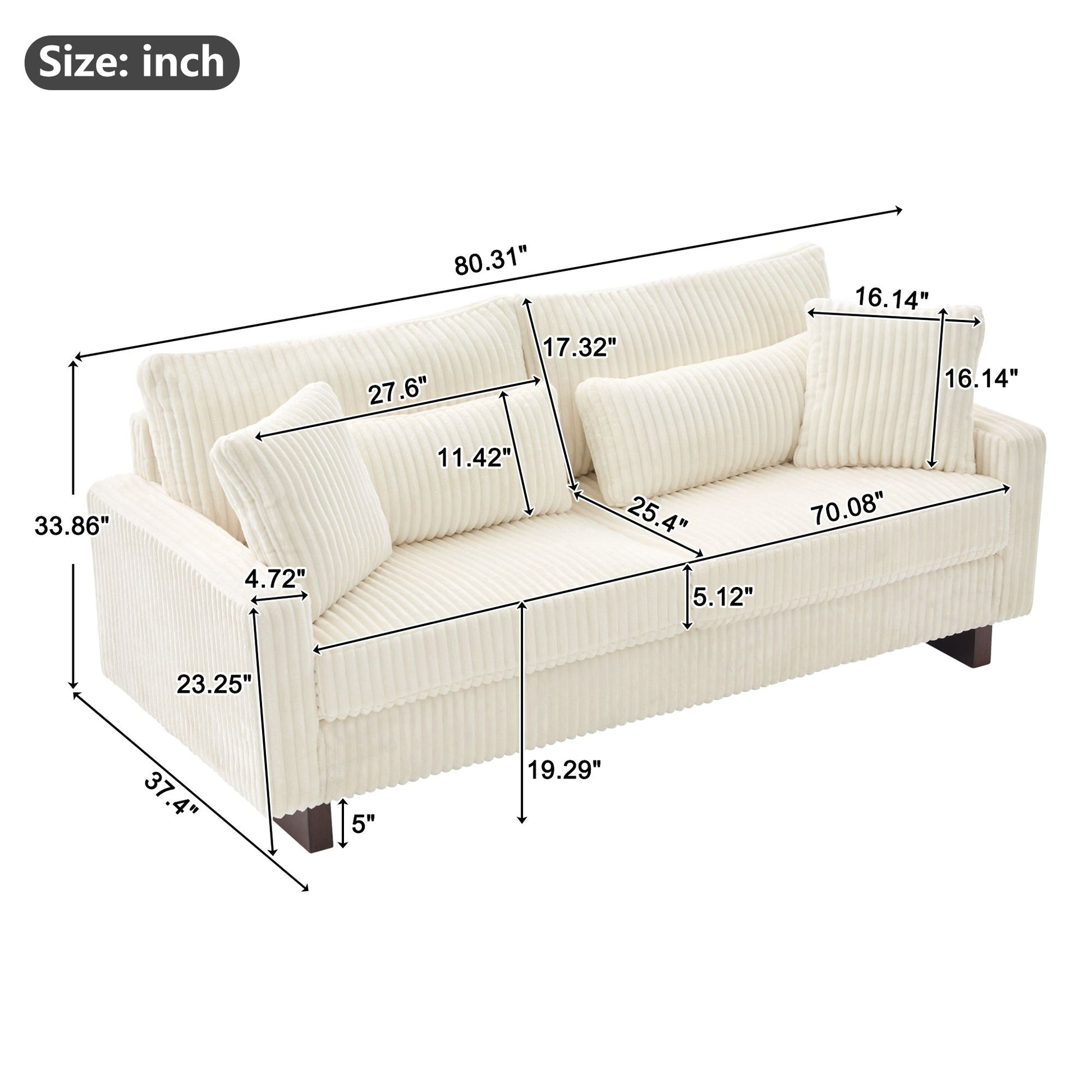 Modern loveseat sofa in cream corduroy with 4 pillows, stationary seating by HouseOfZazla on Tampa Home & Garden Store