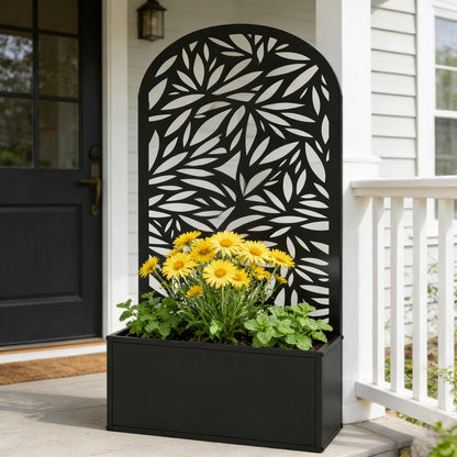 Curved raised garden bed by HouseOfZazla with black leaf-pattern metal panel planter box on Tampa Home & Garden Store