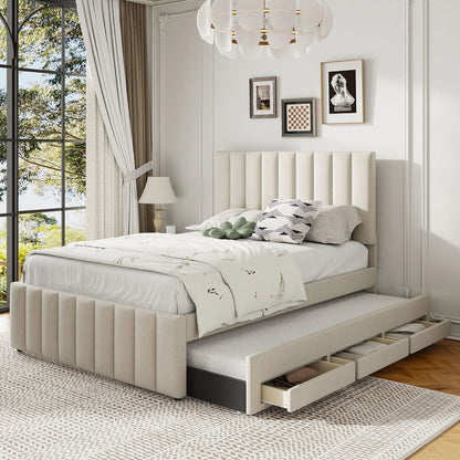 Upholstered Bed with Twin Trundle and 3 Drawers