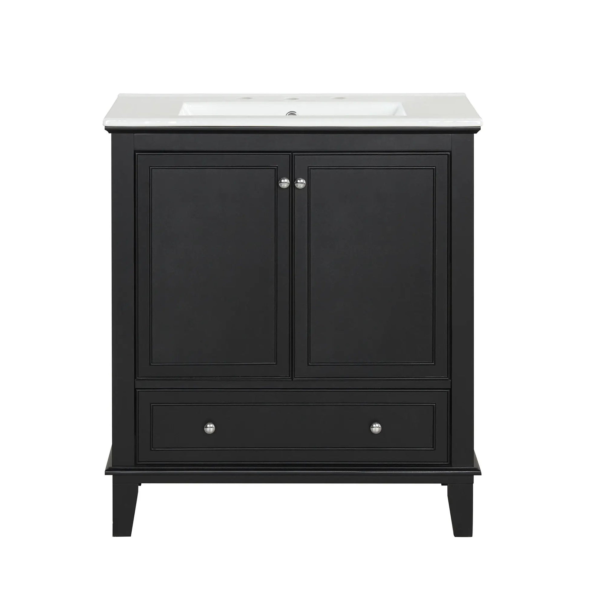 30in black bathroom vanity with sink, dual doors and drawer, white countertop on Tampa Home & Garden Store