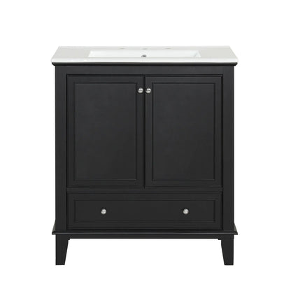 30in black bathroom vanity with sink, dual doors and drawer, white countertop on Tampa Home & Garden Store