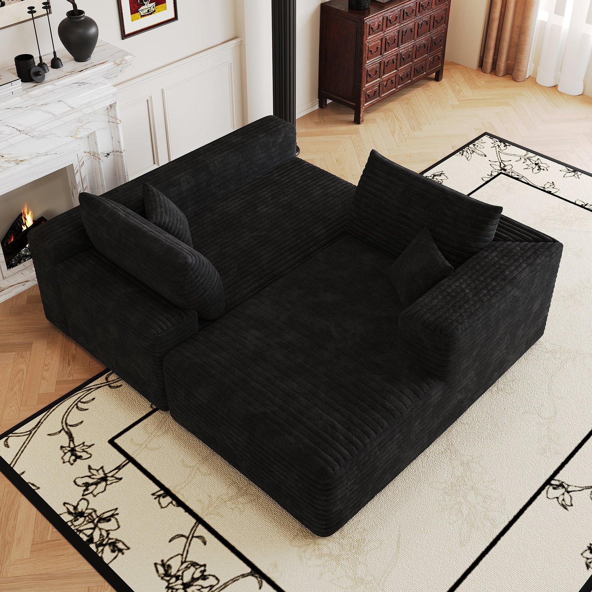 Modern Minimalist Cloud Sectional Sofa in black fabric with ribbed cushions in a living room on Tampa Home & Garden Store