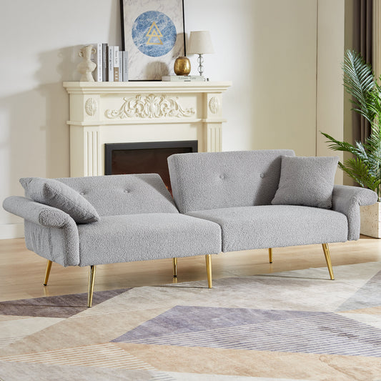 Modern Teddy Upholstered Accent Loveseat Sofa by HouseOfZazla in soft gray boucle with gold legs on Tampa Home & Garden Store