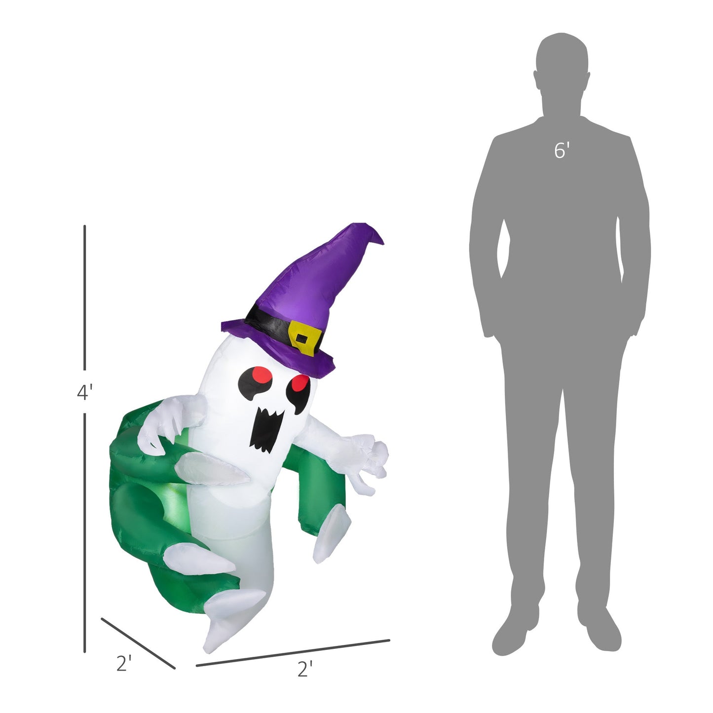 4ft animated ghost inflatable with LED-lit glow, purple witch hat, green base by HouseOfZazla on Tampa Home & Garden Store