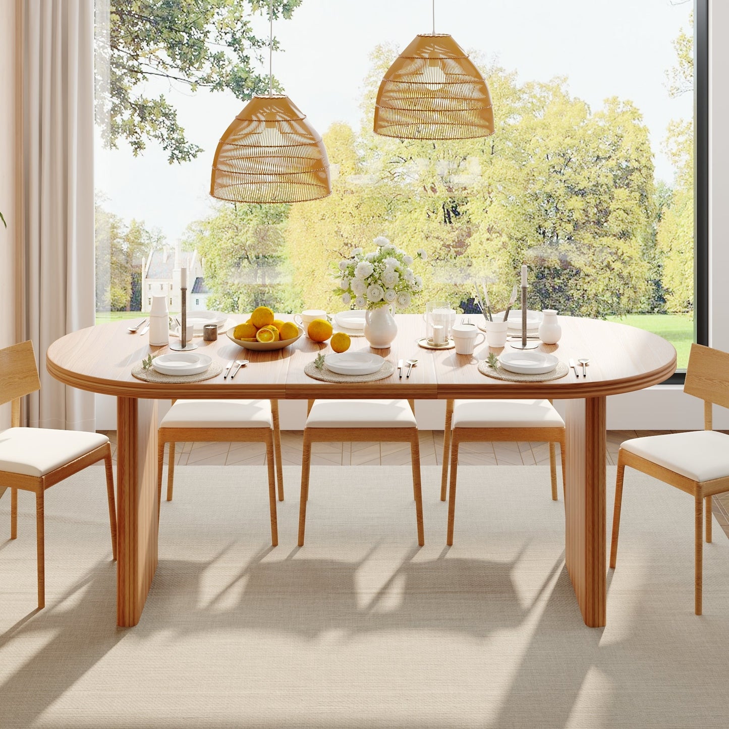 Modern extendable dining table with removable leaves in natural wood, wicker lamps overhead on Tampa Home & Garden Store