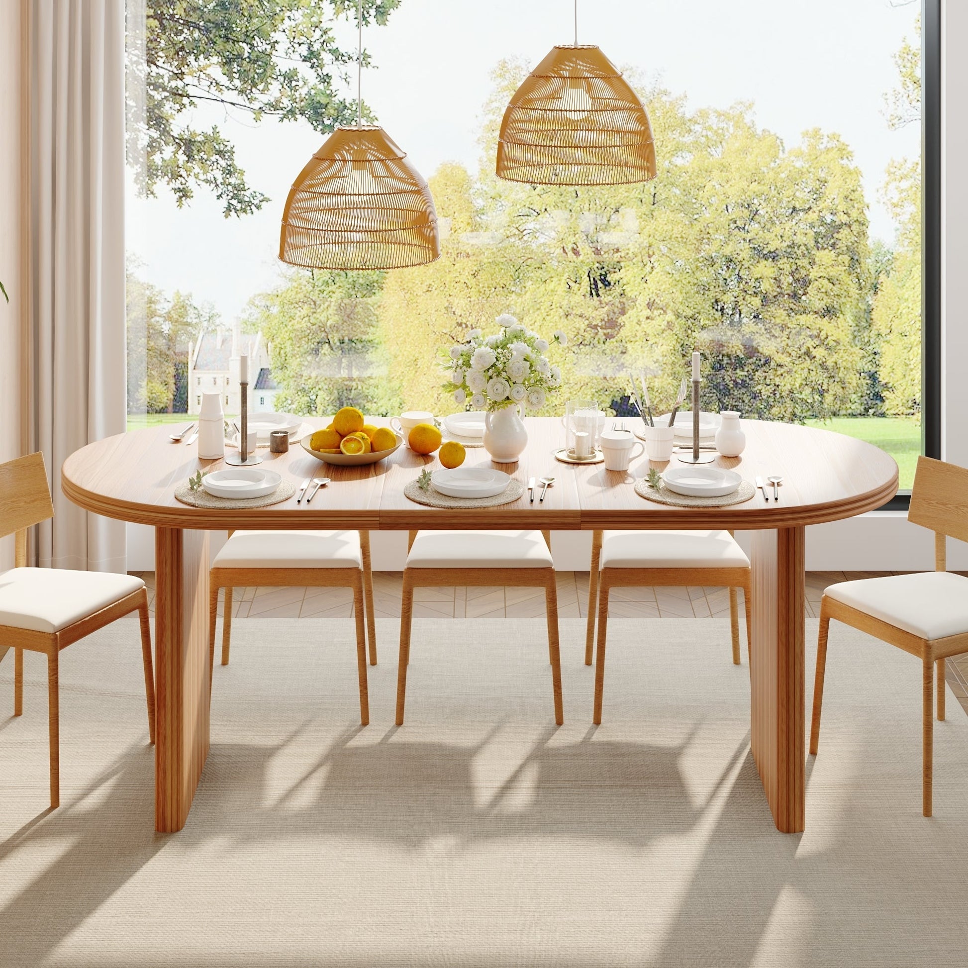 Modern extendable dining table with removable leaves in natural wood, wicker lamps overhead on Tampa Home & Garden Store